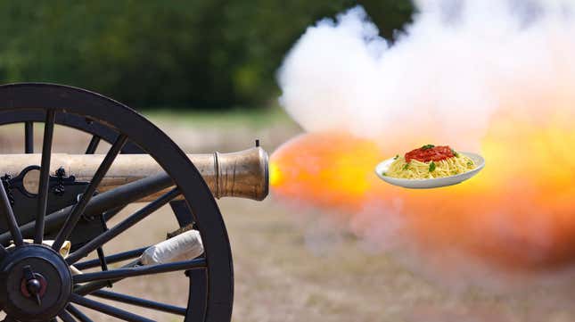Image for article titled Cooking competition show will blast entire meals into chef&#39;s faces with cannon