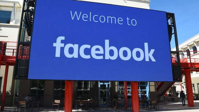 A giant digital sign is seen at Facebook’s corporate headquarters campus in Menlo Park, California.