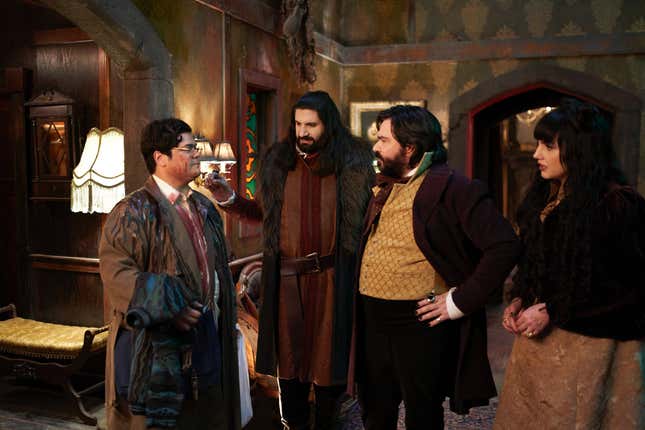 A blood-covered Guillermo shares a moment with Nandor (Kayvan Novak), Laszlo (Matt Berry), and Nadja (Natasia Demetriou).