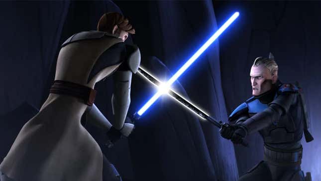 Thousands of years after his ancestors did much the same, Pre Vizsla takes the Darksaber into combat against a Jedi.