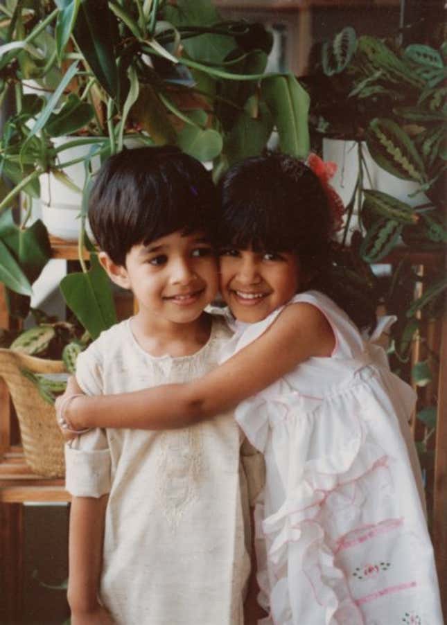 My favorite photo of Yush and me as kids, which captures the essence of our relationship.