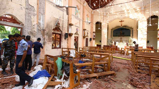 Sri Lankan officials inspect St. Sebastian’s Church in Negombo, north of Colombo, after multiple explosions targeting churches and hotels across Sri Lanka.
