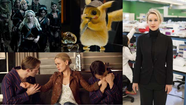 Clockwise from left: Sucker Punch, Detective Pikachu, The Inventor: Out for Blood in Silicon Valley, True Blood