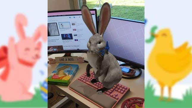 Google’s augmented reality Easter Bunny—the latest in its series of AR animals available in certain search results—is pictured vibing on my obnoxiously pink desk. 