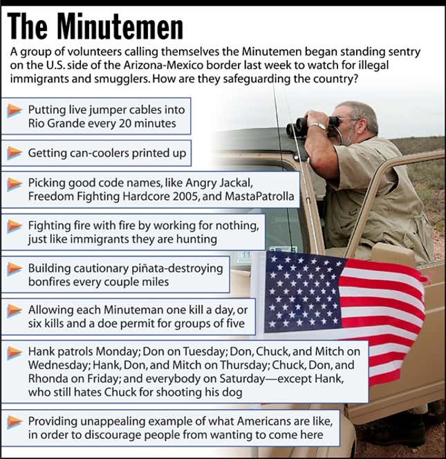A group of volunteers calling themselves the Minutemen began standing sentry on the U.S. side of the Arizona-Mexico border last week to watch for illegal immigrants and smugglers. How are they safeguarding the country?