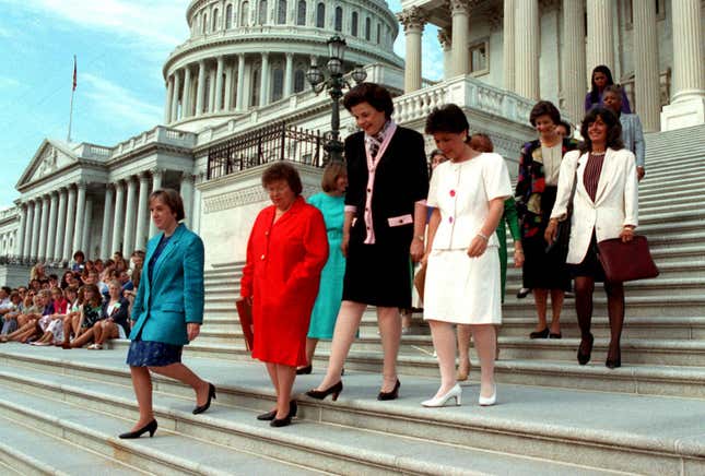 Sen. Patty Murray, D-Wash; Sen. Barbara Mikulski, D-Md.; National Organization for Women President Patricia Ireland; Sen. Dianne Feinstein, D-Calif., and Sen. Barbara Boxer, D-Calif, announcing their opposition to abortion restrictions, 1993, AP