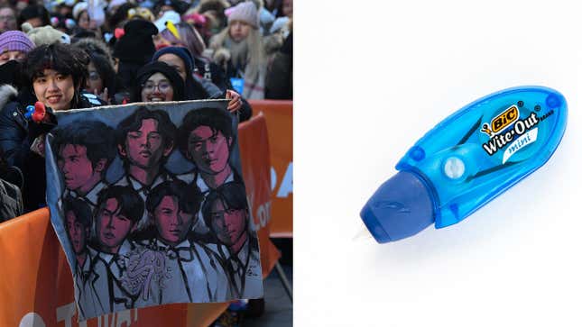 Guests at K-pop boy band BTS’ visit to the “Today” show on February 21, 2020, in New York City. ; A BIC Wite-Out mini twist correction tape dispenser