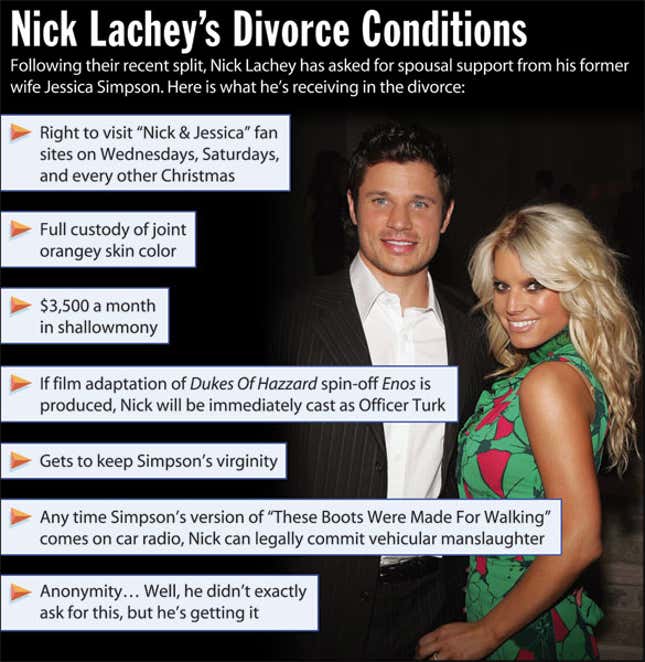 Image for article titled Nick Lachey&#39;s Divorce Conditions