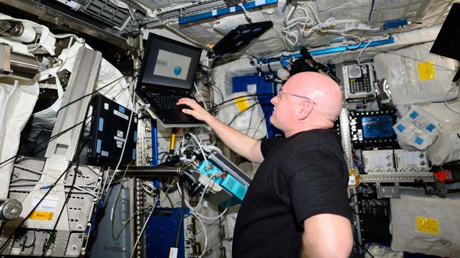 Astronaut Scott Kelly taking a cognitive test during his one-year-long mission on board the International Space Station 