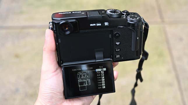 The “hidden” display can be flipped down 180 degrees. And if you need a refresher on camera’s controls or want to customize a button or dial, you can simply hold the DISP BACK button down for a few seconds.