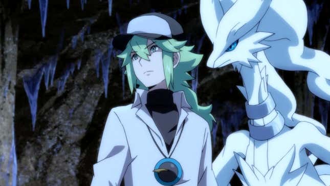 N is shown standing in a cave with Reshiram by his side.