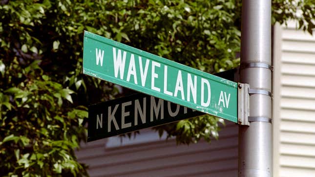 The corner of Waveland and Kenmore outside Wrigley Field in Chicago. I do not think these are bad names, Cubs fans. I just needed a picture of street signs.