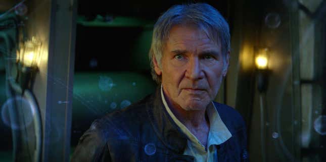 Harrison Ford como Han Solo en Star Wars: The Force Awakens.