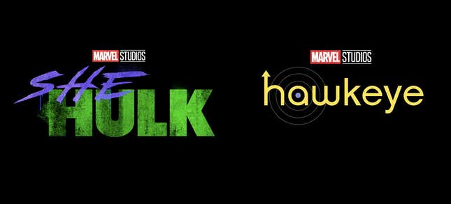 The She-Hulk and Hawkeye series logos.
