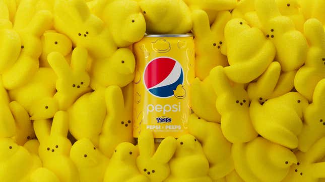 Yellow can of PEPSI X PEEPS surrounded by yellow PEEPS