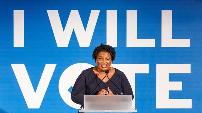 Former minority leader of the Georgia House of Representatives Stacey Abrams speaks to a crowd at a Democratic National Committee event at Flourish in Atlanta on June 6, 2019, in Atlanta, Ga.