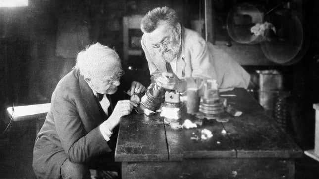 Inventors Charles Steinmetz, right, and Thomas A. Edison are seen in Steinmetz’s Schenectady, N.Y. laboratory circa 1922.