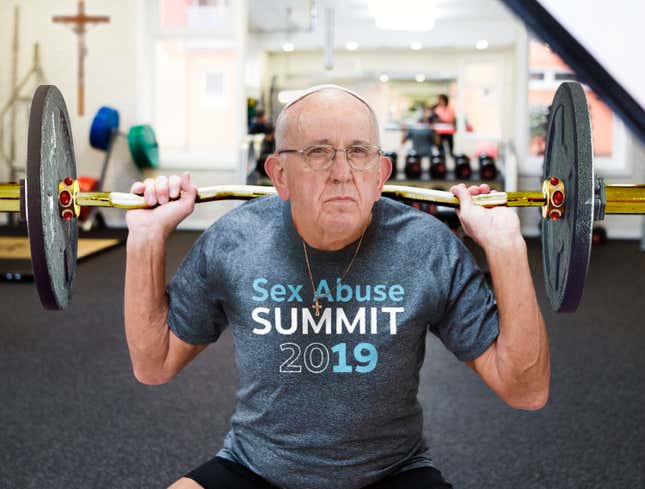 Image for article titled Pope Francis Working Out At Vatican Gym Wearing ‘Sex Abuse Summit 2019’ T-Shirt