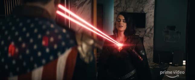 Homelander using his laser vision on Stormfront’s chest.