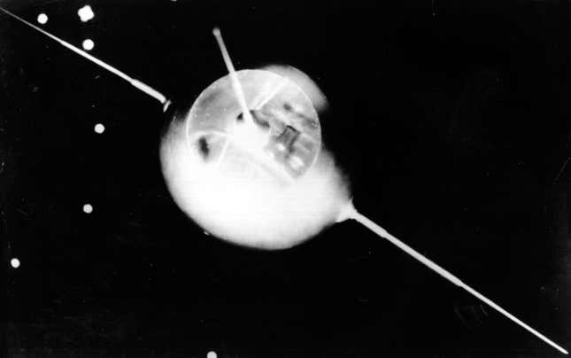 This is a model of a Soviet Earth satellite, Sputnik 1, on display at the Prague Czechoslovakia exhibition on Oct. 7, 1957, marking the 40th anniversary of Russia’s October Revolution that overthrew the czar. The actual Sputnik 1 capsule was launched by the Soviet Union Oct. 4, starting the Space Race with the U.S.