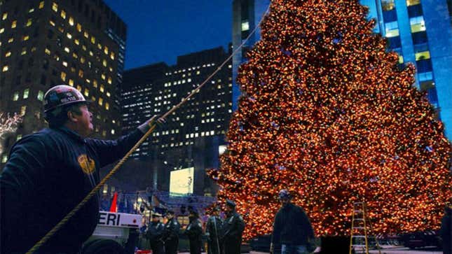 Per the court order, city workers take down the Christmas tree from New York&#39;s Rockefeller Plaza.