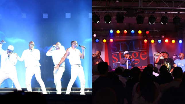 (L-R): 112 perform during the Puff Daddy and Bad Boy Family Reunion Tour on September 4, 2016, in New York City; Jagged Edge performs at the Clear Channel Radio “Style Stage NYC” on May 06, 2006, in New York City. 