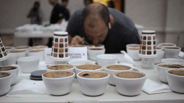 A juror examines coffee at the Best of Panama trial, 2019
