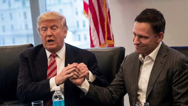 Donald Trump meets with Peter Thiel on December 14, 2016 roughly a month before Trump would take power in the U.S.