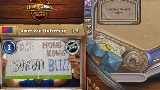 Image for article titled College Hearthstone Players Who Held Up &#39;Free Hong Kong&#39; Sign Drop Out Of Tournament