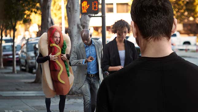 Image for article titled ‘It’s Just A Costume, It’s Just A Costume,’ Man Nervously Assures Himself As Giant Hot Dog Starts Walking Toward Him