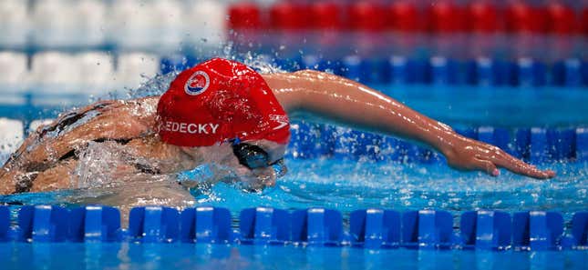 Katie Ledecky swims very far distances very fast. (Photo credit: Al Bello/Getty)