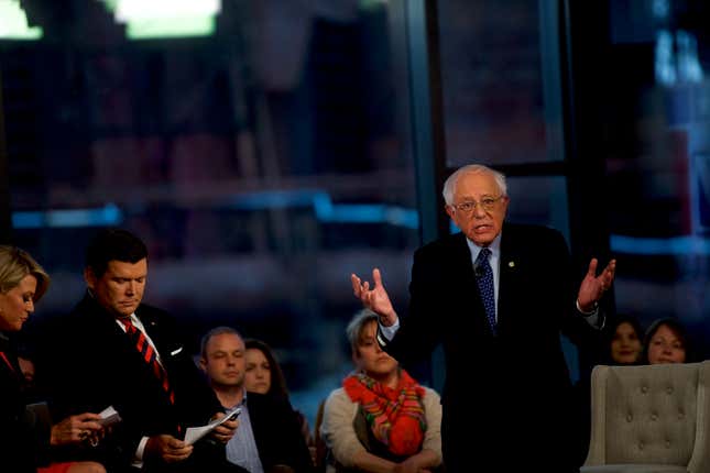 Democratic presidential candidate, Sen. Bernie Sanders (I-VT), participates in a Fox News Town Hall at SteelStacks on April 15, 2019 in Bethlehem, Pennsylvania.