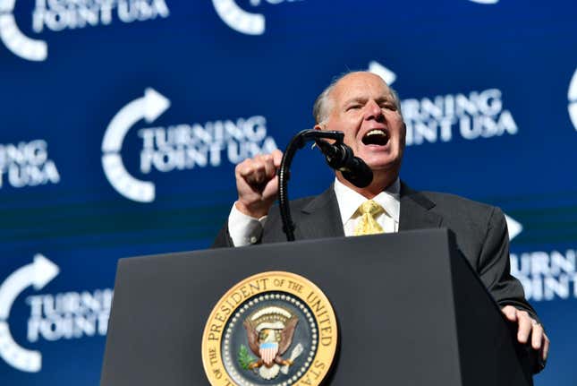 Rush Limbaugh speaks before US President Donald Trump takes the stage during the Turning Point USA Student Action Summit at the Palm Beach County Convention Center in West Palm Beach, Florida on December 21, 2019. 