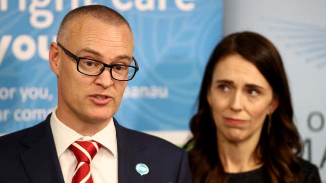 New Zealand Health Minister Dr. David Clark and Prime Minister Jacinda Arden in a file photo from June 11, 2020 in Auckland, New Zealand. 