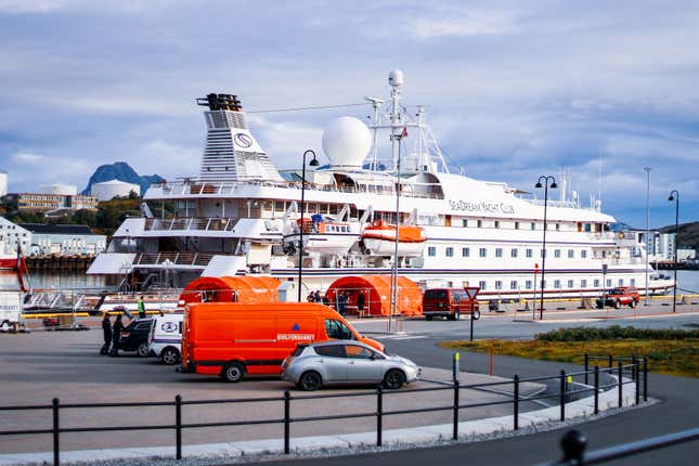 The Seadream 1 ship docks the quay in Bodo in Norway on August 5, 2020 on suspicion of a corona infection on board. - 85 crew members were tested for the virus in the morning hours on August 5, 2020.