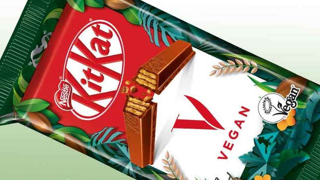 Graphic of vegan KitKat bar on green background