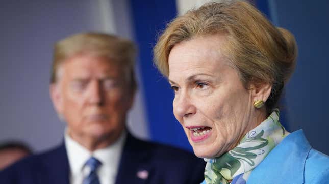 Response coordinator for the White House Coronavirus Task Force Deborah Birx speaks as US President Donald Trump listens during the daily briefing on Tuesday, April 21. 
