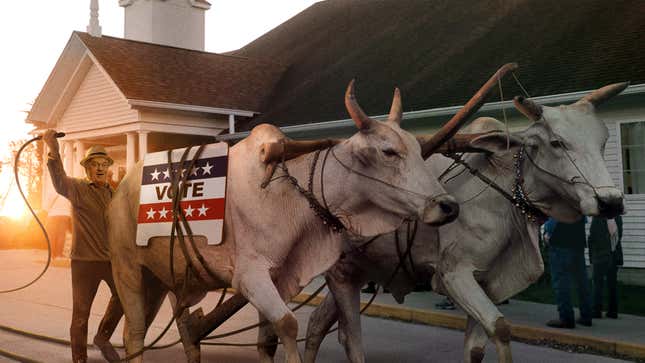 Image for article titled Nation’s Poll Workers Whip Teams Of Oxen Pulling Wooden Gears To Process Ballots