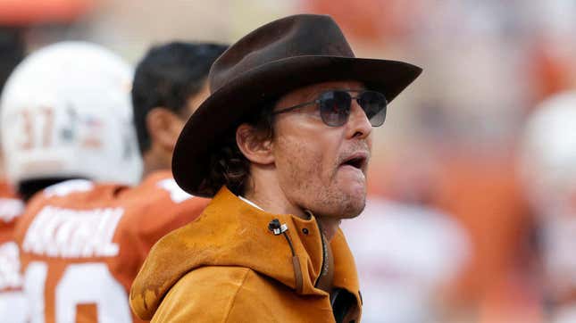 Matthew McConaughey in cowboy hat, looking pensive