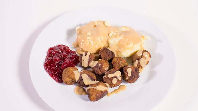 A plate of IKEA’s classic Swedish meatballs, served with mashed potatoes and lingonberry sauce. The new plant-based version will be served the same way.