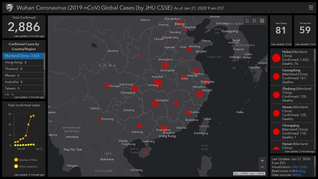 Imagen para el artículo titulado Sigue el brote de coronavirus en tiempo real con este mapa interactivo