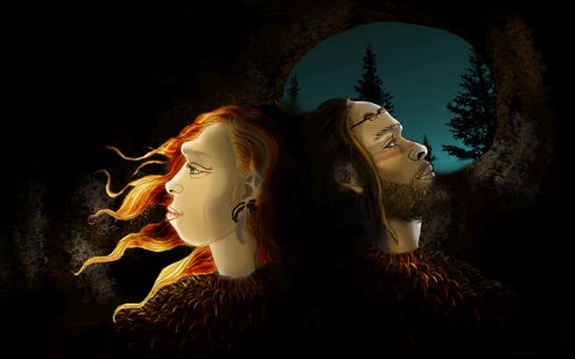 Artist’s depiction of a Neanderthal female and male wearing jewelry made from eagle talons. 