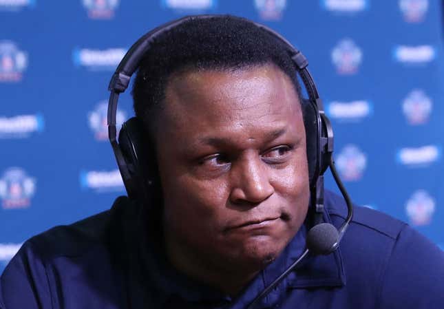 Former NFL running back Barry Sanders visits the SiriusXM set at Super Bowl 51 Radio Row at the George R. Brown Convention Center on February 2, 2017 in Houston, Texas.
