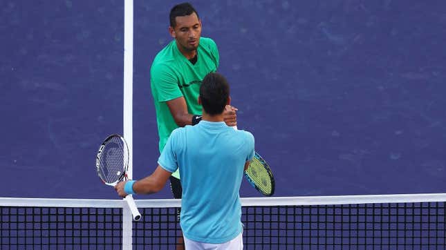 NIck Kyrgios (green) and Novak Djokovic (blue) in less contagious times.