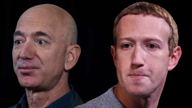 Two of the four tech giants set to testify today: Jeff Bezos of Amazon and Mark Zuckerberg of Facebook. (Tim Cook of Apple and Sundar Pichai of Alphabet/Google not pictured.)