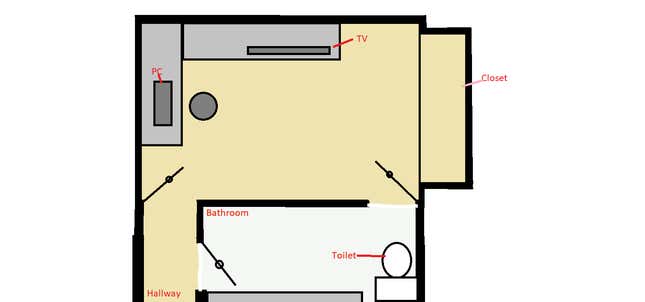 A top-down view of my office made in MS Paint. The gray circle is my office chair. I forgot to label it. I’m sorry.