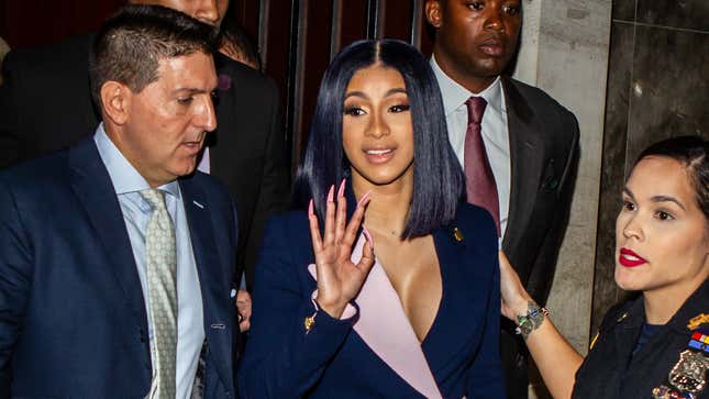 Cardi B leaves her arraignment on two felony assault counts and other misdemeanors June 25, 2019 in the Queens borough of New York City.