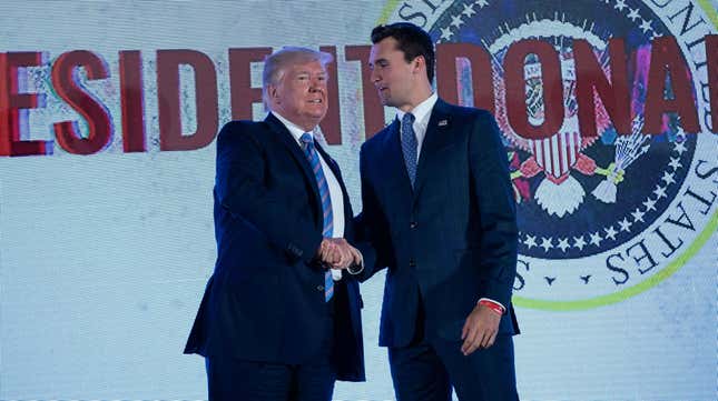 President Donald Trump (left) and Charlie Kirk (right, probably) at Turning Point USA’s Teen Student Action Summit in Washington, DC, on July 23, 2019.