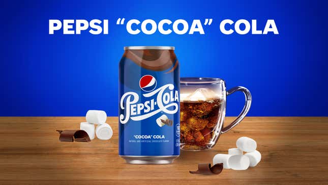 Graphic featuring Pepsi Cocoa Cola on blue background