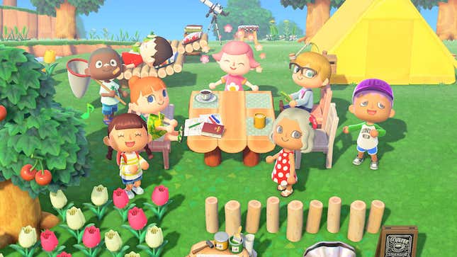 villagers sitting around a table in animal crossing new horizons on the nintendo switch